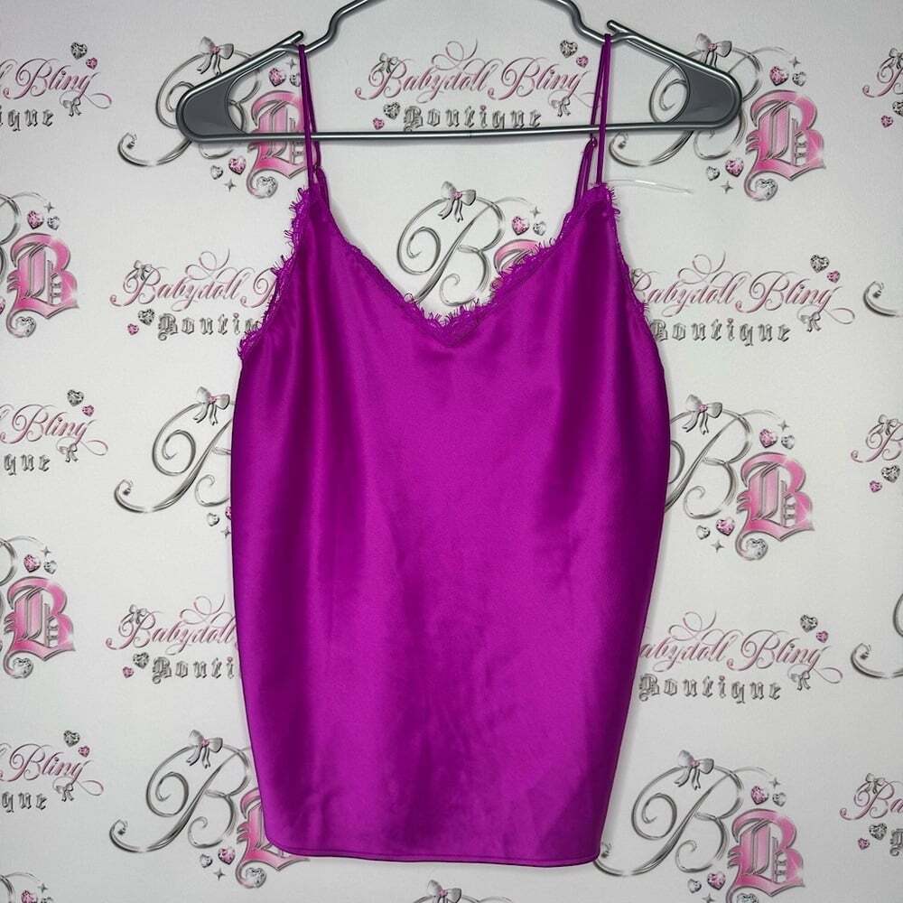Victoria secret tank top camisole cami purple open lace back buttons silky shiny
